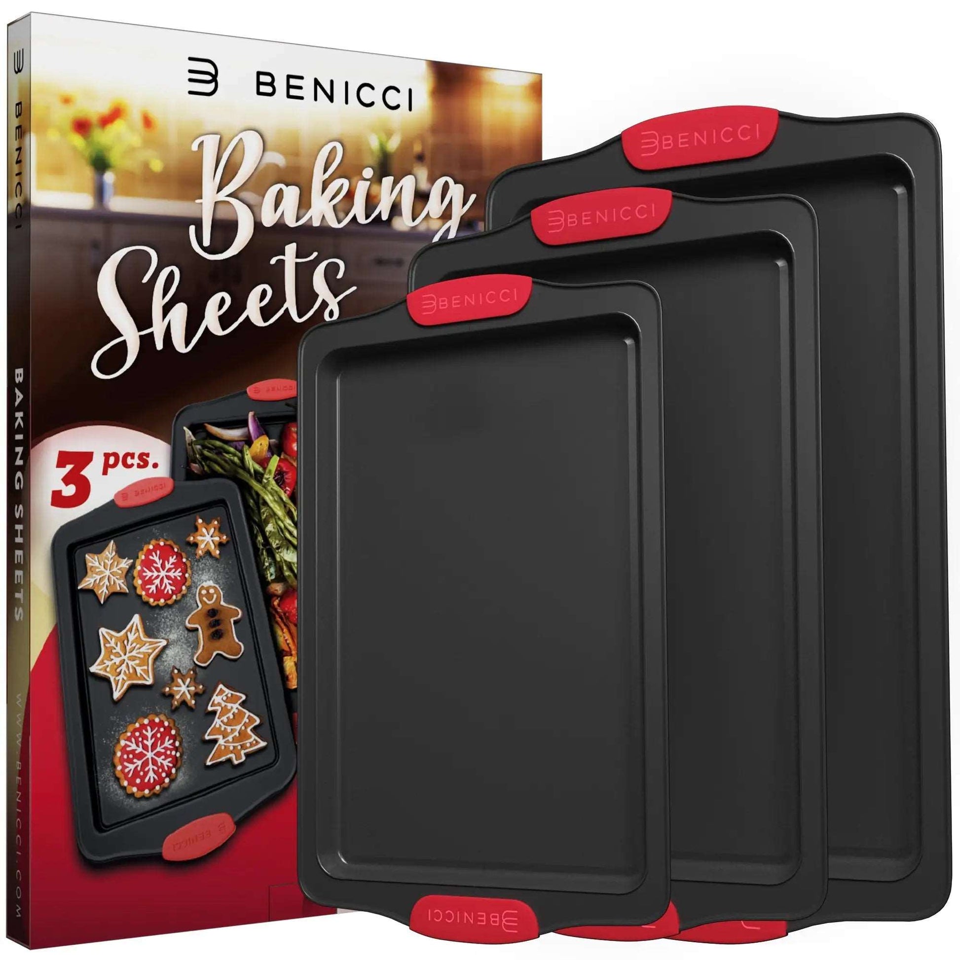 Premium Non-Stick Baking Sheets Set of 3 - Deluxe PBA Free, Easy to Clean Racks w/ Silicone Handles - Bakeware Pans for Cooking Baking Roasting