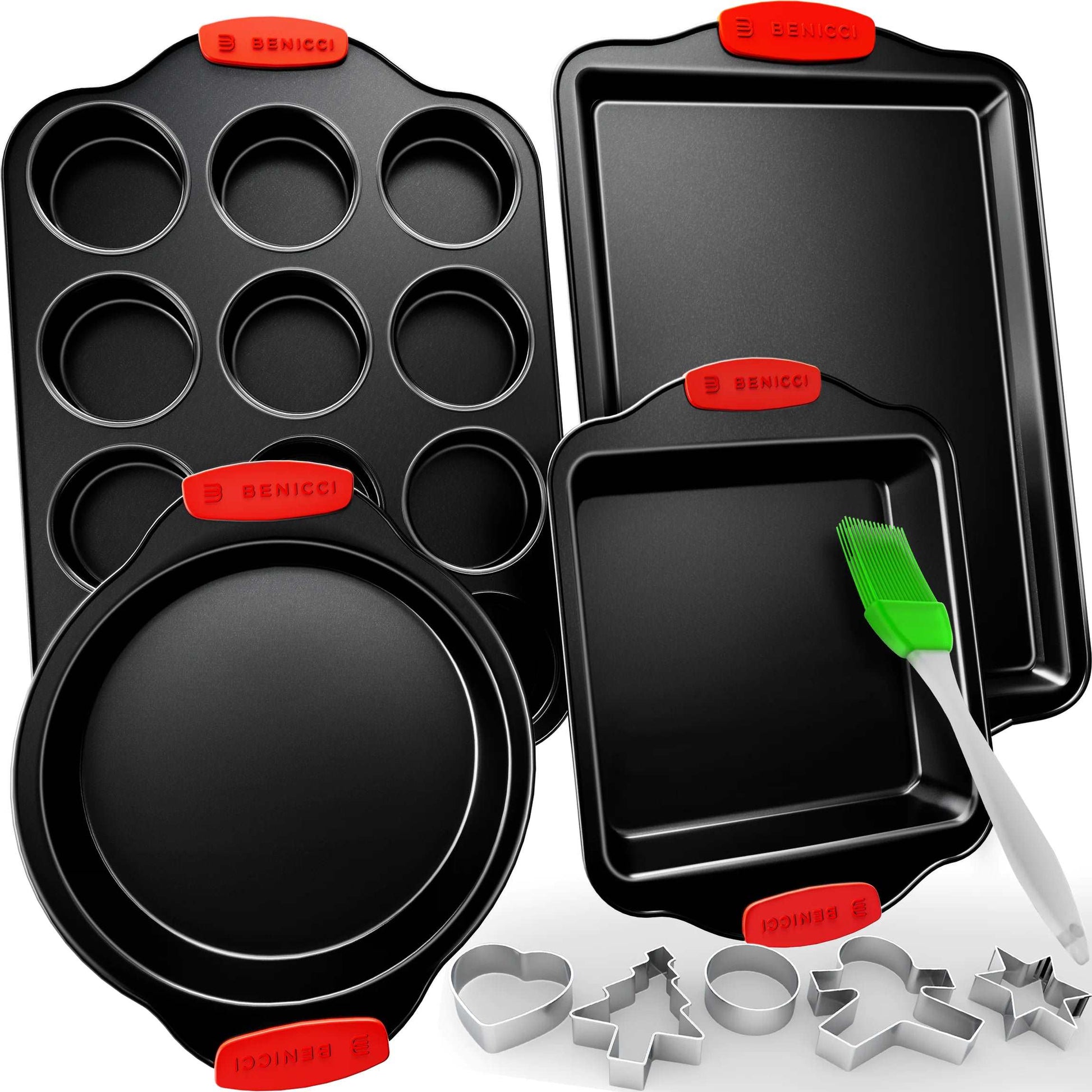 Premium Non-Stick Baking Pans Set of 4 - Heavy Duty & PBA Free Baking Pan Set w/ Cookie Baking Sheet, 12 Cup Muffin Tin, Square Pan, Round Cake Pan - Easy to Clean Bakeware Sets w/ Silicone Handles