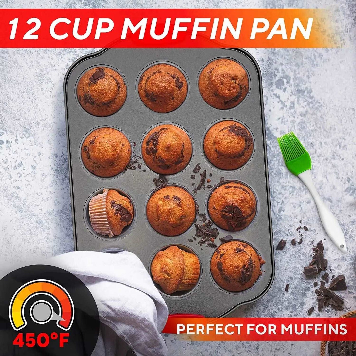 Premium Non-Stick Baking Pans Set of 4 - Heavy Duty & PBA Free Baking Pan Set w/ Cookie Baking Sheet, 12 Cup Muffin Tin, Square Pan, Round Cake Pan - Easy to Clean Bakeware Sets w/ Silicone Handles