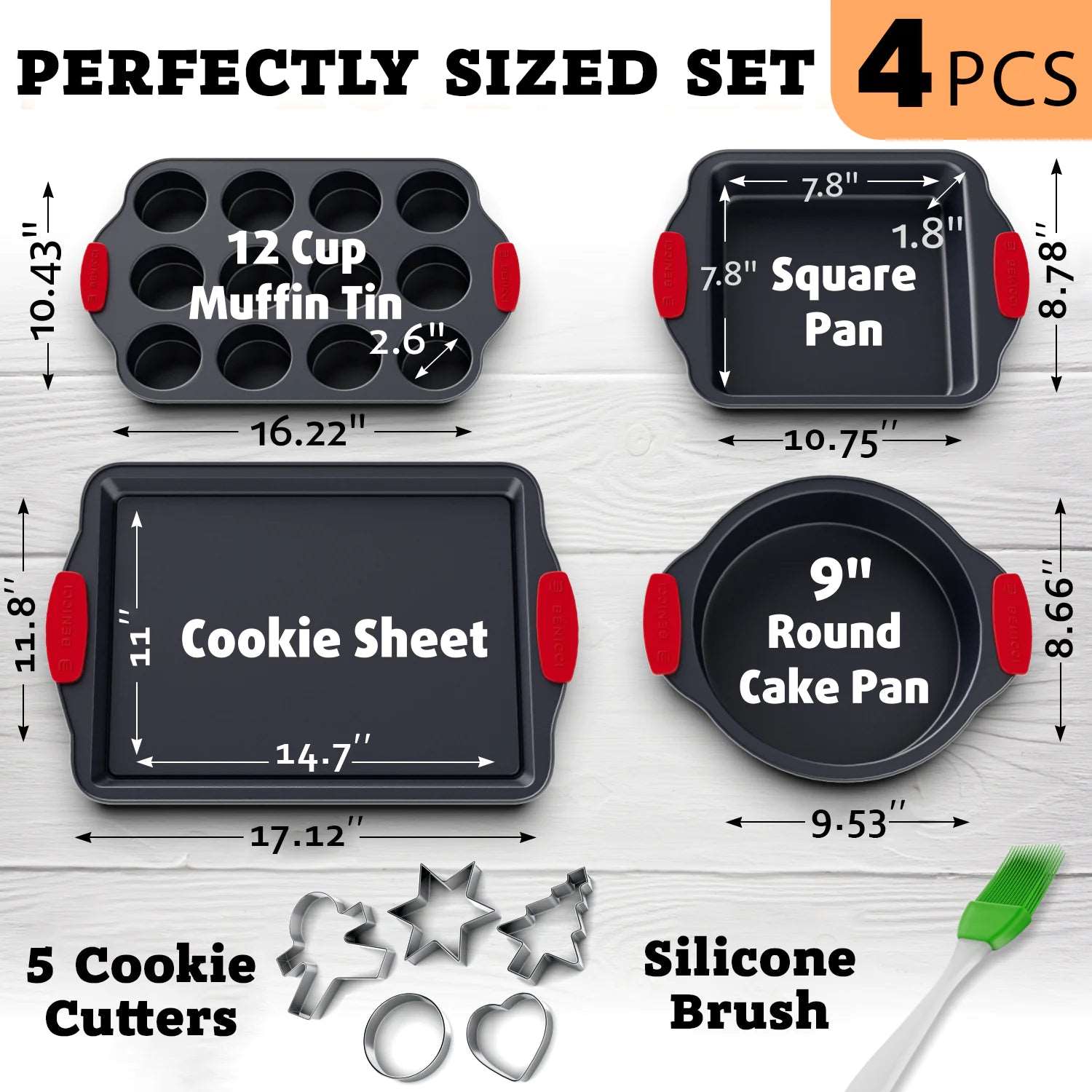 Premium Non-Stick Baking Pans Set of 4 - Heavy Duty & PBA Free Baking Pan Set w/ Cookie Baking Sheet, 12 Cup Muffin Tin, Square Pan, Round Cake Pan - Easy to Clean Bakeware Sets w/ Silicone Handles